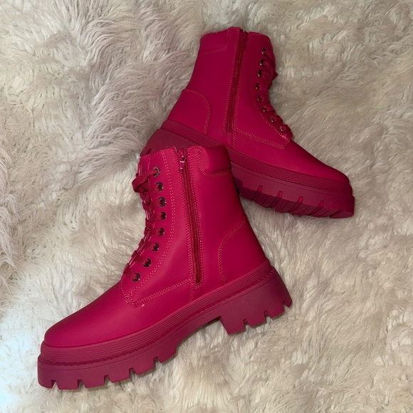 Tevos Fuchsia Lace Up Combat Boots - Picture 5 of 9
